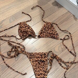Leopard Print String Thong Bikini Set - Brown & Black